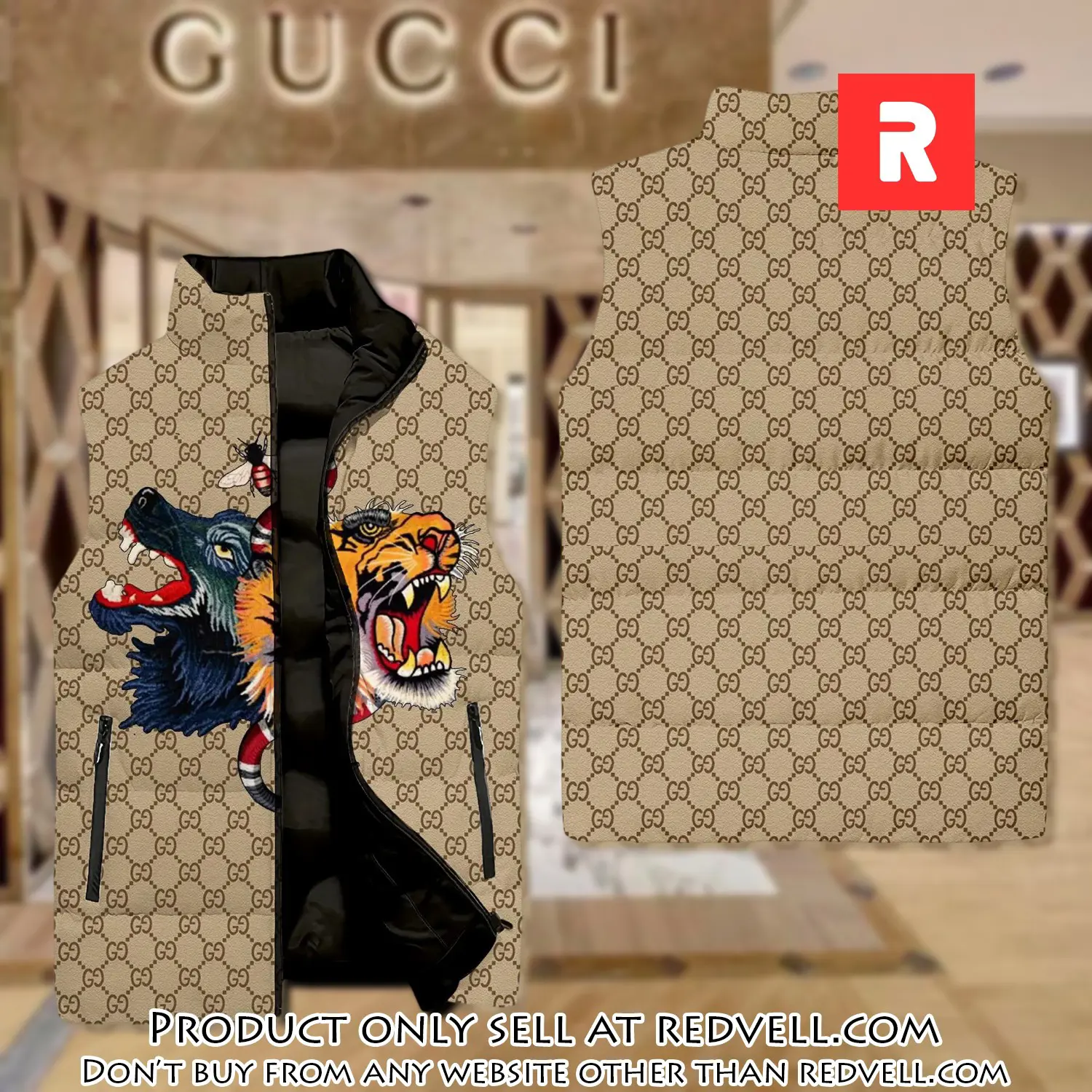 Gucci tiger & wolf luxury brand 3d sleeveless down jacket rv5339802